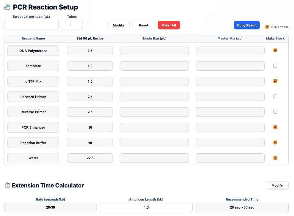PCR reaction setup calculator preview